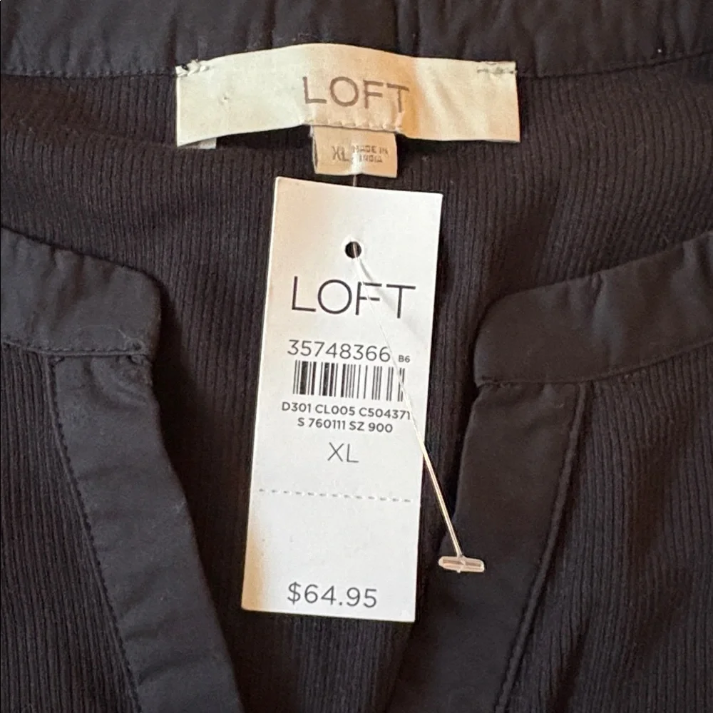 NWT LOFT Mixed-Media Blouse Split-Neck Puff-Sleeve Women’s XL Black Ribbed Plaid